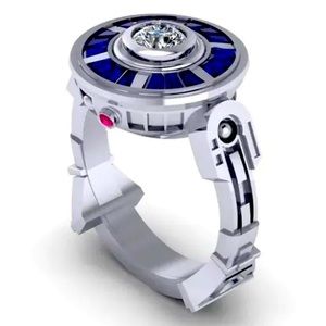 New Unisex Stamped S925 Sterling Silver Sapphire Handmade Star Wars R2D2 Ring